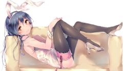 Rule 34 | 10s, 1girl, animal ears, bad id, bad pixiv id, bare shoulders, black hair, black thighhighs, blush, couch, dsmile, fake animal ears, frilled thighhighs, frills, full body, garter straps, grin, high heels, leotard, long hair, looking at viewer, love live!, love live! school idol festival, love live! school idol project, orange eyes, playboy bunny, rabbit ears, revision, ribbon, shoes, simple background, smile, solo, sonoda umi, thighhighs, white background, wrist cuffs