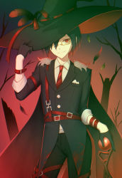 Rule 34 | 1boy, alternate costume, alternate hair color, belt, black cape, black gloves, black hair, black jacket, black pants, brown eyes, cape, collared shirt, commentary request, cosplay request, danganronpa (series), danganronpa v3: killing harmony, ewa (seraphhuiyu), feathers, glasses, gloves, gradient background, green hair, hair over one eye, hat, highres, holding, jacket, large hat, long sleeves, looking at viewer, male focus, necktie, outdoors, pants, red belt, red hat, saihara shuichi, shirt, short hair, short hiar, smile, solo, striped necktie, striped neckwear, tree, two-sided fabric, two-sided headwear, white shirt, witch hat