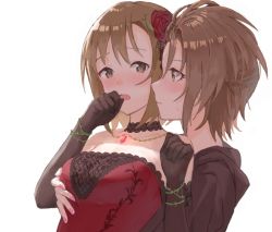 Rule 34 | 2girls, akii, bad id, bad twitter id, bare shoulders, black gloves, blush, breasts, brown eyes, brown hair, choker, copyright request, elbow gloves, flower, gloves, groping, hair flower, hair ornament, hand to own mouth, kimura natsuki, multiple girls, short hair, small breasts, sweat, tada riina, upper body, white background, yuri