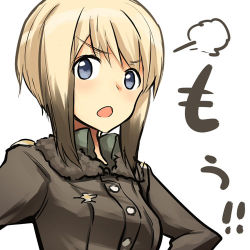 Rule 34 | 1girl, annoyed, blonde hair, blue eyes, blush, erica hartmann, lowres, military, military uniform, open mouth, sandwich (artist), short hair, simple background, solo, strike witches, translated, tsuchii (ramakifrau), uniform, upper body, world witches series