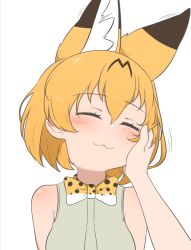 Rule 34 | 1girl, :3, animal ears, blonde hair, bow, bowtie, chis (js60216), closed mouth, commentary, facing viewer, hand on another&#039;s face, head tilt, kemono friends, motion lines, pov, print neckwear, serval (kemono friends), serval print, shirt, short hair, simple background, sleeveless, sleeveless shirt, smile, textless version, traditional bowtie, white background, white shirt, yellow neckwear