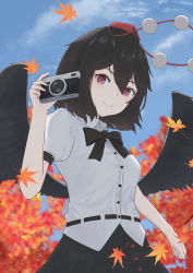 Rule 34 | 1girl, ato 0 0, autumn leaves, bird wings, black bow, black bowtie, black hair, black skirt, black wings, bow, bowtie, breasts, camera, closed mouth, collared shirt, commentary request, feathered wings, happy, hat, highres, holding, holding camera, leaf, pom pom (clothes), puffy short sleeves, puffy sleeves, red eyes, red hat, shameimaru aya, shirt, short hair, short sleeves, skirt, small breasts, smile, tengu, tokin hat, touhou, white shirt, wings