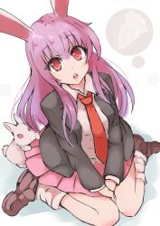 Rule 34 | 1girl, animal ears, bahamun, breasts, carrot, dress shirt, highres, jacket, long hair, looking at viewer, mary janes, medium breasts, necktie, open mouth, purple hair, rabbit, rabbit ears, red eyes, reisen udongein inaba, shirt, shoes, sidelocks, simple background, sitting, socks, suit jacket, touhou, wariza, white background
