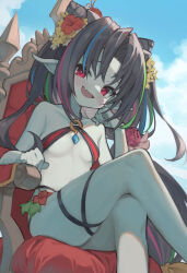 Rule 34 | 1girl, anishira (monmusu td), bikini, black hair, blue hair, blush, bow, breasts, character request, colored skin, cone hair bun, crossed legs, day, double bun, fang, flower, green hair, grey skin, hair bow, hair bun, hair flower, hair ornament, hibiscus, highres, long hair, looking at viewer, micro bikini, monster girl, monster musume td, multicolored hair, o-ring, o-ring bikini, open mouth, parted bangs, pink hair, ponytail, red eyes, sitting, skin fang, sky, small breasts, smile, solo, streaked hair, swimsuit, thigh strap, throne, tomisaka yorui, two side up, underboob, very long hair
