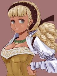 Rule 34 | 1girl, ado (adonki), blonde hair, braid, breasts, cleavage, dark skin, dark-skinned female, donkii (pixiv), dress, elise, elise (fable), fable, fable 3, green eyes, hairband, hand on own hip, hip focus, jewelry, large breasts, long hair, necklace, ribbon, solo