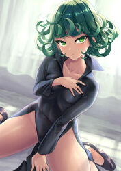 Rule 34 | 1girl, black dress, breasts, closed mouth, collarbone, collared dress, curly hair, dress, green eyes, green hair, hand on own chest, highres, long sleeves, looking at viewer, one-punch man, pelvic curtain, popped collar, sai (abyss05), short hair, side slit, sitting, small breasts, solo, tatsumaki, taut clothes, taut dress, thighs, wariza