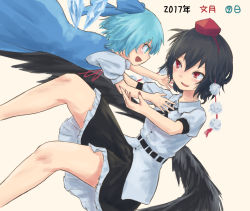 Rule 34 | 2girls, black hair, blouse, blue hair, cirno, collared shirt, dated, from side, hair between eyes, happy, looking at another, multiple girls, outstretched arms, roke (taikodon), shameimaru aya, shirt, short hair, smile, thighs, touhou, white shirt