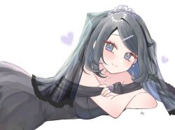 Rule 34 | 1girl, alternate costume, blush, bridal veil, bride, closed mouth, collarbone, commentary request, creatures (company), crossed arms, dress, eyelashes, from side, game freak, grey eyes, heart, highres, liko (pokemon), long hair, looking at viewer, lying, nintendo, off-shoulder dress, off shoulder, on stomach, pokemon, pokemon (anime), pokemon horizons, rumu-san (rumurumumu), smile, solo, tiara, veil, wedding dress, white background