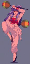 Rule 34 | 1girl, bell, bow, chinese clothes, chui (weapon), commentary request, double bun, full body, hair bell, hair bow, hair bun, hair ornament, highres, holding, holding weapon, long hair, looking at viewer, open mouth, purple hair, ranma 1/2, red eyes, rumic 0620, shampoo (ranma 1/2), sidelocks, simple background, slippers, solo, standing, standing on one leg, weapon