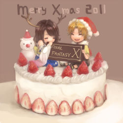 Rule 34 | 00s, 10s, 1boy, 1girl, 2011, :d, ^ ^, antlers, blonde hair, brown background, brown hair, cake, chibi, christmas, closed eyes, copyright name, detached sleeves, english text, final fantasy, final fantasy x, food, frown, fruit, habbitrot, hat, horns, japanese clothes, merry christmas, mini person, miniboy, minigirl, moogle, no nose, open mouth, santa hat, seiza, short hair, simple background, sitting, smile, strawberry, tidus, x x, yuna, yuna (ff10)
