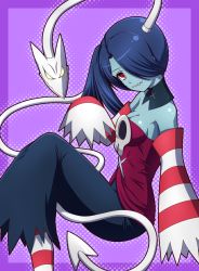Rule 34 | 1girl, bare shoulders, blue skin, breasts, cleavage, colored skin, detached collar, detached sleeves, hair over one eye, ki (kk-sk-ray), leviathan (skullgirls), red eyes, side ponytail, skull, skullgirls, socks, solo, squigly (skullgirls), stitched mouth, stitches, striped, striped clothes, striped sleeves, striped socks, zombie