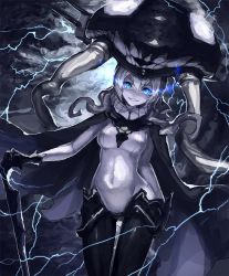 Rule 34 | 10s, 1girl, abyssal ship, bad id, bad twitter id, black gloves, blue eyes, bodysuit, covered navel, geeto gaadian, gloves, glowing, glowing eyes, grey hair, kantai collection, lightning, long hair, looking at viewer, smile, solo, staff, turret, wo-class aircraft carrier