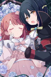 Rule 34 | 2girls, ascot, bad hands, black cape, black hair, blush, bow, cape, closed eyes, closed mouth, coffin, commentary request, cream (nipakupa), dress, fang, flower, hair between eyes, hair bow, hair ornament, hair ribbon, hairclip, high collar, jewelry, long sleeves, looking at viewer, love live!, love live! nijigasaki high school idol club, lying, mifune shioriko, multiple girls, necklace, on back, open mouth, pearl necklace, pink bow, pink dress, pink hair, ribbon, rose, short sleeves, thorns, uehara ayumu, upper body, vampire, white ascot, white flower, white rose, wrist cuffs, yellow ribbon