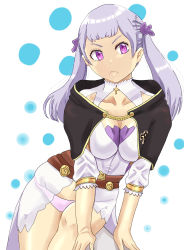 Rule 34 | 1girl, angry, black clover, breasts, closed mouth, cross, cross necklace, dress, grey hair, jewelry, long hair, necklace, noelle silva, panties, pig tail, purple eyes, small breasts, tail, tukemen gyokai, twintails, underwear