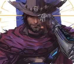 Rule 34 | 1boy, beard, black hair, blue background, brown eyes, cassidy (overwatch), cigar, cowboy hat, dopey (dopq), facial hair, hand on headwear, hat, light smile, lips, looking at viewer, male focus, mechanical arms, overwatch, overwatch 1, poncho, portrait, short hair, single mechanical arm, sketch, smoking, solo, striped, striped background, vertical stripes, white background