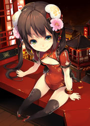 Rule 34 | 1girl, architecture, bad id, bad pixiv id, bangle, black thighhighs, bracelet, brown hair, bun cover, china dress, chinese clothes, cleavage cutout, clothing cutout, double bun, dress, east asian architecture, flat chest, flower, foreshortening, from above, green eyes, hair bun, hair flower, hair ornament, high heels, jewelry, long hair, original, riku (wana), shoes, sitting, smile, solo, thighhighs, twintails, very long hair