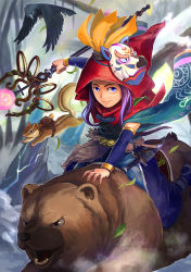 Rule 34 | 10s, 1girl, arm warmers, bear, belt, bird, blue eyes, blue footwear, blurry background, chain chronicle, crow, highres, holding staff, hood, knife, leaf, looking at viewer, mask, unworn mask, open mouth, original, outdoors, purple hair, red hood, riding, sheath, sheathed, shoes, solo, squirrel, staff, stone, syuma i