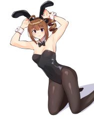 Rule 34 | 1girl, ahoge, animal ears, armpits, arms up, black bow, black bowtie, black leotard, black pantyhose, black scrunchie, bow, bowtie, breasts, brown hair, closed mouth, detached collar, drill hair, dutch angle, fake animal ears, frown, hair ornament, hair scrunchie, idolmaster, idolmaster million live!, kamille (vcx68), kneeling, leotard, looking at viewer, medium breasts, medium hair, no shoes, pantyhose, playboy bunny, purple eyes, rabbit ears, scrunchie, shadow, side drill, side ponytail, sidelocks, simple background, solo, strapless, strapless leotard, white background, wing collar, wrist cuffs, yokoyama nao