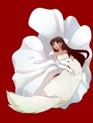 Rule 34 | 1girl, bare shoulders, breasts, brown eyes, brown hair, dark skin, dress, fate/strange fake, fate (series), long hair, open mouth, red background, tine chelc, wolf