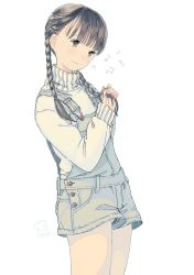 Rule 34 | 1girl, black hair, braid, braiding hair, dated, denim, female focus, freckles, gluteal fold, hairdressing, highres, kokudou juunigou, musical note, original, overall shorts, overalls, simple background, solo, turtleneck, twin braids, upshorts, white background