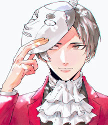Rule 34 | 1boy, absurdres, ace attorney, ako (eanaaati1), ascot, coat, dappled sunlight, grey eyes, grey hair, hand up, highres, holding, holding mask, long sleeves, male focus, mask, mask on head, miles edgeworth, parted bangs, red coat, simple background, smile, solo, steel samurai, sunlight, white ascot, white background