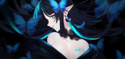 Rule 34 | 1girl, aqua eyes, bad id, bad pixiv id, bare shoulders, black hair, breasts, bug, butterfly, butterfly tattoo, cleavage, earrings, highres, insect, jewelry, lace, large breasts, lips, looking at viewer, multicolored hair, naomasap, off shoulder, original, parted lips, pointy ears, solo, tattoo, two-tone hair, upper body