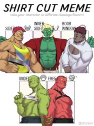 Rule 34 | 6+boys, abs, bald, bara, bare pectorals, blonde hair, buzz cut, chest harness, cleavage cutout, clothes lift, clothing cutout, colored skin, couple, dark skin, dumbbell, exercising, fangs, green skin, guppo13, harness, highres, holding hands, horns, interlocked fingers, jacket, large pectorals, lifted by self, long sideburns, male focus, mature male, monster boy, multiple boys, muscular, muscular male, navel, nipples, no pupils, open clothes, open jacket, orc, original, pectoral cleavage, pectorals, pink hair, pointy ears, red jacket, red skin, shirt lift, short hair, sideburns, stomach, sweater, tank top, topless male, very short hair, weightlifting, white sweater, white tank top, yaoi, yellow skin, yellow tank top