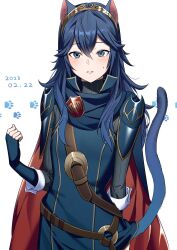 Rule 34 | 1girl, 2023, ameno (a meno0), animal ears, armor, belt, black sweater, blue cape, blue eyes, blue gloves, blue hair, blush, brown belt, cape, cat day, cat ears, cat tail, commentary, dated, fingerless gloves, fire emblem, fire emblem awakening, gloves, hair between eyes, highres, kemonomimi mode, long hair, long sleeves, looking at viewer, lucina (fire emblem), nintendo, paw print, red cape, ribbed sweater, shoulder armor, simple background, solo, sweatdrop, sweater, tail, tiara, turtleneck, turtleneck sweater, two-tone cape, white background