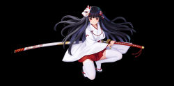 Rule 34 | 1girl, absurdres, allenes, black background, black hair, blunt bangs, clog sandals, feet, fox mask, full body, hakama, hakama skirt, highres, holding, holding sword, holding weapon, japanese clothes, katana, kimono, long hair, long sword, looking at viewer, mask, mask on head, miko, ootachi, original, red eyes, red hakama, sandals, shoes, simple background, skirt, sword, tabi, thighhighs, weapon, white kimono, white thighhighs, wide sleeves, zouri