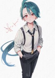 Rule 34 | 1girl, absurdres, ahoge, aqua hair, black necktie, black pants, closed mouth, collared shirt, commentary request, creatures (company), earrings, game freak, hands in pockets, hatenachan, highres, jewelry, long hair, looking at viewer, necktie, nintendo, pants, pokemon, pokemon sv, red eyes, rika (pokemon), shirt, signature, simple background, solo, white background, white shirt