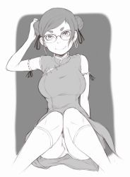 Rule 34 | 1girl, breasts, china dress, chinese clothes, closed mouth, double bun, dress, earrings, elbow gloves, eyebrows, glasses, gloves, greyscale, hair bun, hair ribbon, ina (gokihoihoi), jewelry, kneehighs, large breasts, looking at viewer, monochrome, original, panties, pantyshot, ribbon, short hair, sitting, smile, socks, solo, thick eyebrows, underwear