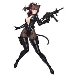 Rule 34 | 1girl, :o, ahoge, animal ear headphones, animal ears, belt, belt collar, belt pouch, black belt, black collar, black footwear, black gloves, black leotard, boots, bracelet, breasts, brown hair, brown pantyhose, cameltoe, cat ear headphones, cat tail, check weapon, cleavage, collar, collarbone, fake animal ears, fake tail, front-seamed legwear, front zipper, full body, gloves, gluteal fold, green eyes, gun, headphones, high ponytail, highleg, highres, holding, holding gun, holding weapon, jewelry, knees together feet apart, last origin, latex, latex boots, latex leotard, leg belt, leotard, long sleeves, looking at viewer, medium breasts, medium hair, multiple belts, official alternate costume, official art, pantyhose, pouch, seamed legwear, sidelocks, simple background, solo, standing, tachi-e, tail, thick thighs, thigh boots, thighs, third-party source, tomo (last origin), transparent background, tunamayo (dsasd751), unzipped, v-shaped eyebrows, weapon, zipper leotard