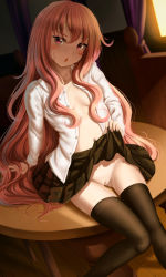 Rule 34 | 1girl, arm support, black skirt, black thighhighs, blush, breasts, cleft of venus, clothes lift, collared shirt, commentary, curtains, dkoro, dress shirt, english commentary, eyebrows hidden by hair, hair between eyes, head tilt, highres, indoors, lifted by self, long hair, long sleeves, looking at viewer, louise francoise le blanc de la valliere, navel, no bra, no panties, open clothes, open shirt, parted lips, pink hair, pleated skirt, pussy, red eyes, shirt, sitting, sitting on table, skirt, skirt lift, small breasts, solo, sunlight, sunset, thighhighs, uncensored, very long hair, white shirt, window, wooden floor, zero no tsukaima