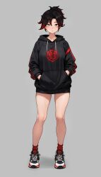 Rule 34 | 1girl, absurdres, alternate costume, black hair, black hoodie, bluefield, breasts, commentary, drawstring, english commentary, expressionless, floral print, flower, grey background, grey eyes, hands in pocket, highres, hood, hoodie, light blush, looking at viewer, medium breasts, multicolored hair, red hair, red socks, rose, rose print, ruby rose, rwby, shoes, short hair, sneakers, socks, solo, streaked hair, thighs