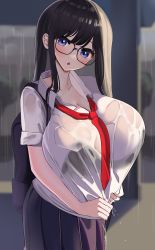 Rule 34 | 1girl, absurdres, backpack, bag, black bag, blue eyes, breasts, cleavage, collarbone, collared shirt, glasses, highres, huge breasts, looking at viewer, nicorima, original, outdoors, rain, see-through, shirt, solo, wet, white shirt