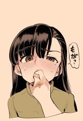 Rule 34 | 10s, 2girls, aomushi (mushamusha), asymmetrical bangs, black hair, blush, brown eyes, chocolate, chocolate covered, chocolate on hand, darjeeling (girls und panzer), female focus, food on hand, girls und panzer, highres, long hair, looking at viewer, military, military uniform, multiple girls, nishi kinuyo, open mouth, pov, pov hands, saliva, solo focus, tongue, tongue grab, tongue out, uniform
