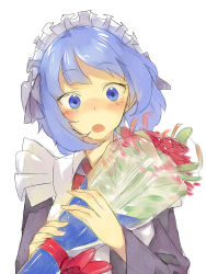 Rule 34 | 1girl, blue eyes, blue hair, blush, bouquet, female focus, flower, hama (22ji kara 24ji), highres, holding, holding bouquet, looking at viewer, maid, matching hair/eyes, simple background, sketch, solo, surprised, upper body, white background