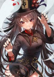 Rule 34 | 1girl, absurdres, black hat, black nails, black shorts, blush, breasts, brooch, brown hair, collared coat, collared shirt, colored tips, flower, flower-shaped pupils, genshin impact, ghost, hat, hat flower, hat ornament, highres, hominamia, hu tao (genshin impact), jewelry, long hair, long sleeves, looking at viewer, multicolored hair, nail polish, open mouth, plum blossoms, porkpie hat, red eyes, red shirt, revision, shirt, shorts, small breasts, smile, solo, symbol-shaped pupils, talisman, tassel, twintails, very long hair