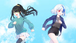 Rule 34 | 2girls, aran sweater, bad id, bad pixiv id, black hair, black legwear, black shorts, blue eyes, blue hair, blue jacket, blue sky, blue sweater, breasts, brown scrunchie, cable knit, cloud, commission, day, floating hair, green eyes, grey shirt, hair between eyes, hair ornament, hair scrunchie, heterochromia, highres, jacket, jewelry, long hair, long sleeves, mamel 27, multicolored hair, multiple girls, open clothes, open jacket, original, outdoors, pendant, pleated skirt, ponytail, puffy long sleeves, puffy sleeves, red eyes, scrunchie, shirt, short shorts, shorts, skirt, sky, sleeves past wrists, small breasts, sweater, thighhighs, two-tone hair, white hair, white skirt