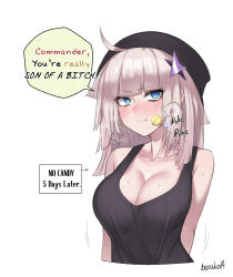 Rule 34 | 1girl, aa-12 (girls&#039; frontline), ahoge, beruko14, black hat, black tank top, blue eyes, blush, breasts, candy, cheek poking, cleavage, cropped torso, english text, food, girls&#039; frontline, hair ornament, hat, heart, heart-shaped pupils, highres, large breasts, lollipop, looking at viewer, poking, silver hair, simple background, solo, speech bubble, star (symbol), star hair ornament, symbol-shaped pupils, tank top, upper body, white background
