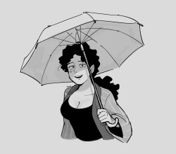 Rule 34 | 1girl, breasts, cleavage, commentary, cropped torso, curly hair, english commentary, genderswap, genderswap (mtf), grey background, greyscale, highres, holding, holding umbrella, jacket, kyokyeo, long hair, long sleeves, looking at viewer, medium breasts, mob psycho 100, monochrome, open mouth, ponytail, serizawa katsuya, simple background, smile, solo, umbrella, upper body
