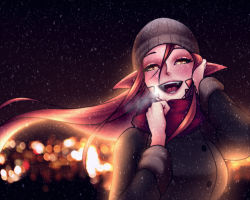 Rule 34 | 10s, 1girl, :d, breath, fangs, hat, highres, lamia, loen, long hair, looking at viewer, miia (monster musume), monster girl, monster musume no iru nichijou, open mouth, pointy ears, red hair, red scarf, scarf, smile, snowing, solo, upper body, very long hair, yellow eyes