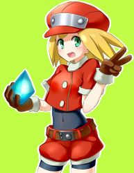 Rule 34 | 1girl, belt, bike shorts, blonde hair, brown gloves, cabbie hat, covered navel, cropped jacket, gloves, green background, green eyes, hat, highres, jacket, keizoo, long hair, looking at viewer, mega man (series), mega man legends (series), open mouth, red hat, red jacket, red shorts, roll caskett (mega man), short sleeves, shorts, simple background, smile, solo
