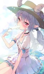 Rule 34 | 1girl, blue ribbon, blush, breasts, curly hair, dress, eating, food, gremory (king&#039;s raid), grey hair, hat, highres, horns, ice cream, jewelry, king&#039;s raid, looking at viewer, nyahu (nyahu 77), patterned clothing, pendant, pointy ears, red eyes, ribbon, seat, simple background, small breasts, solo, straw hat, summer, sundress, thighs, triangle, twintails, white background, white dress