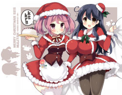 Rule 34 | &gt;:p, 10s, 2girls, :d, :p, :x, ahoge, akikaze tsumuji, apron, asymmetrical docking, badge, bag, black legwear, blue hair, blush, breast press, breasts, rabbit, cake, capelet, christmas, commentary request, corset, covering privates, covering breasts, crab, dress, flying sweatdrops, food, fur (clothing), hair between eyes, hair bobbles, hair ornament, hat, holding, holding bag, holly, huge breasts, kantai collection, long hair, long sleeves, looking at viewer, merry christmas, mini hat, multiple girls, neck ribbon, open mouth, pantyhose, pink eyes, pink hair, puffy long sleeves, puffy sleeves, red dress, ribbon, sack, santa costume, santa hat, sazanami (kancolle), short hair, silhouette, skirt, smile, star (symbol), thighhighs, tongue, tongue out, tray, twintails, ushio (kancolle), v-shaped eyebrows, waist apron, white legwear