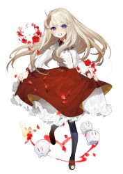 Rule 34 | 1girl, :d, absurdres, bad id, bad twitter id, black pantyhose, blue eyes, breast pocket, brown footwear, collared shirt, creature, flower, frilled skirt, frills, full body, grey hair, herme (ohisashiburi), highres, long hair, long sleeves, looking at viewer, ohisashiburi, open mouth, pantyhose, petals, pocket, red flower, red rose, red skirt, rose, shirt, shoes, simple background, skirt, skirt hold, slit pupils, smile, solo, standing, white background, white shirt