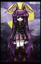 Rule 34 | 1girl, :&gt;, animal ears, black jacket, boots, brown footwear, buttons, cloud, cloudy sky, collared shirt, full moon, jacket, long hair, long sleeves, looking to the side, moon, necktie, night, night sky, pale skin, purple hair, purple skirt, rabbit ears, rabbit girl, red eyes, red necktie, reisen udongein inaba, shirt, skirt, sky, smile, suenari (peace), thigh boots, touhou, very long hair, white fur, white shirt