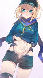 Rule 34 | 1girl, ahoge, artoria pendragon (fate), baseball cap, black hat, black thighhighs, blonde hair, blue eyes, blue jacket, blue scarf, blue shorts, blush, breasts, closed mouth, commentary request, fate/grand order, fate (series), hair between eyes, hair through headwear, hat, high ponytail, highres, jacket, long hair, long sleeves, looking at viewer, medium breasts, mysterious heroine x (fate), navel, open clothes, open fly, open shorts, ponytail, scarf, short shorts, shorts, simple background, solo, stomach, sweat, thighhighs, tomozero, track jacket, wavy mouth, white background