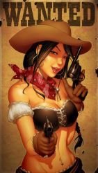 Rule 34 | 1girl, aiming, aiming at viewer, bandana, bare shoulders, braid, brown eyes, brown hair, bustier, chester ocampo, cowboy hat, cowboy western, dual wielding, earrings, gloves, gun, handgun, hat, holding, jewelry, lingerie, midriff, navel, navel piercing, open mouth, piercing, revolver, smile, solo, underwear, wanted, weapon