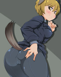 Rule 34 | 10s, 1girl, animal ears, ass, ass grab, back-seamed legwear, black pantyhose, blonde hair, blush, brave witches, cameltoe, cleft of venus, covered erect nipples, dog ears, dog tail, from behind, garrison cap, hand on own ass, hat, kani club, long sleeves, looking back, military, military uniform, pantyhose, seamed legwear, short hair, silhouette, smile, solo, strike witches, tail, uniform, waltrud krupinski, world witches series, yellow eyes